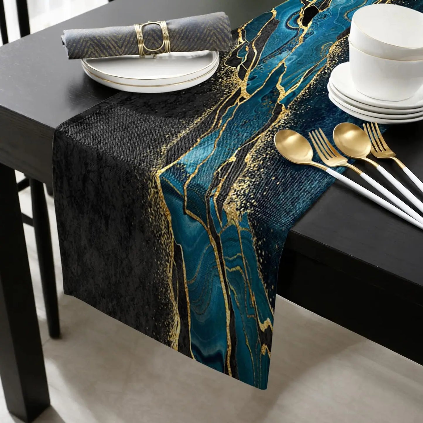 Marble Peacock Blue Linen Table Runners Modern Minimalist Black Gold Table Runner Holiday Dresser Scarves Dining Table Decor