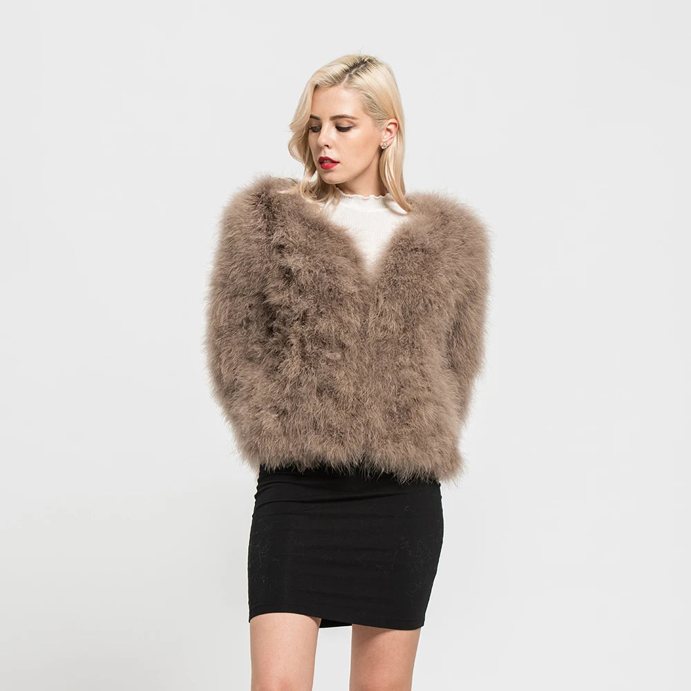 Real Ostrich Fur Feather Coat Short Jacket Furry Fluffy Party Long Sleeve Winter Women Coat Outerwear Plus Size Puffy Turkey Fur