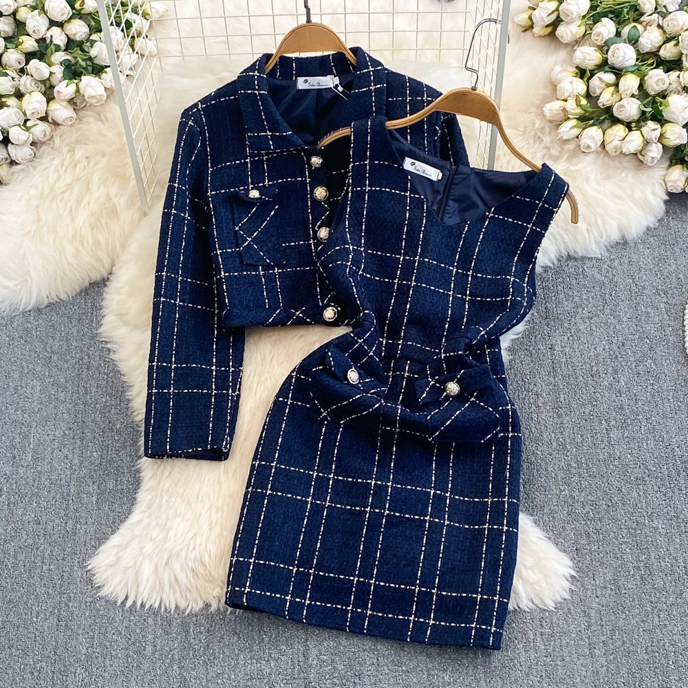 Early Autumn Y2K High-quality Cotton Two-piece Set for Women's Small Fragrant Style Jacket Waist Cinching Vest Hip Hugging Dress