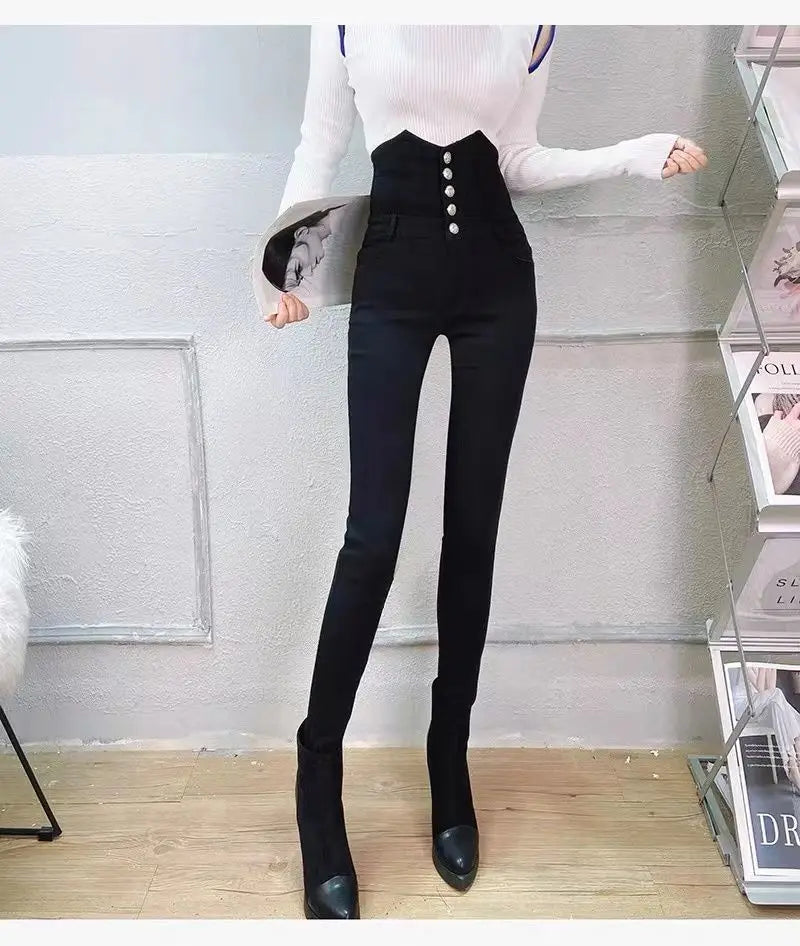 Beige Super High Waist Pencil Jeans Women Korean Slim Button Fly Stretch Denim Pants Design Legging Vaqueros Skinny Kot Pantolon