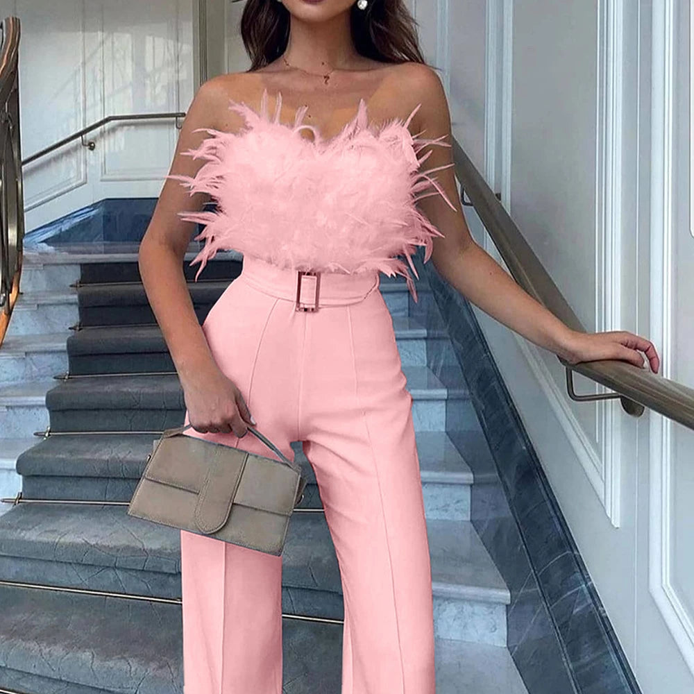 Jumpsuit for Women Fashion Solid Long Jumpsuit Sexy Feather Strapless Slash Neck Evening  Party Jumpsuits Elegant Lady Jumpsuit