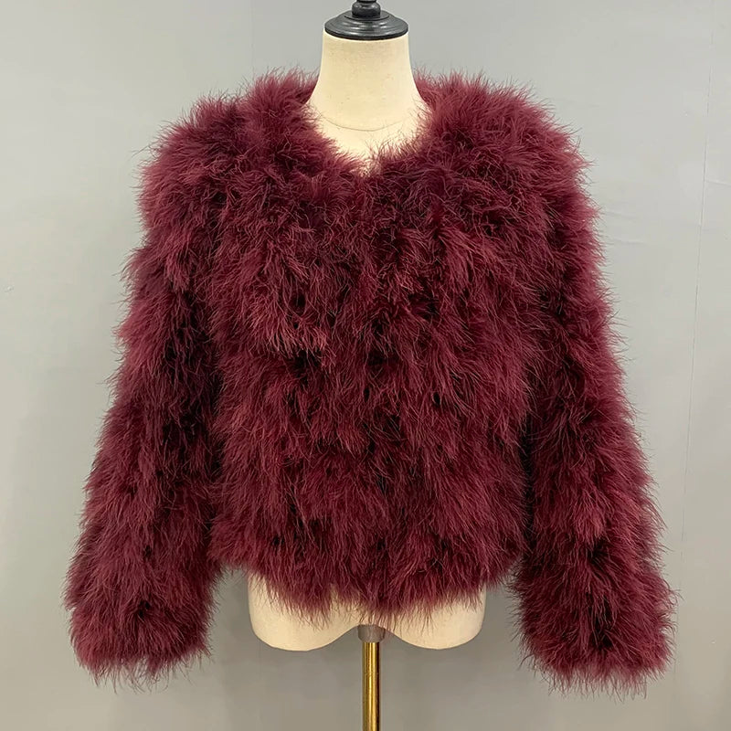 Real Ostrich Fur Feather Coat Short Jacket Furry Fluffy Party Long Sleeve Winter Women Coat Outerwear Plus Size Puffy Turkey Fur