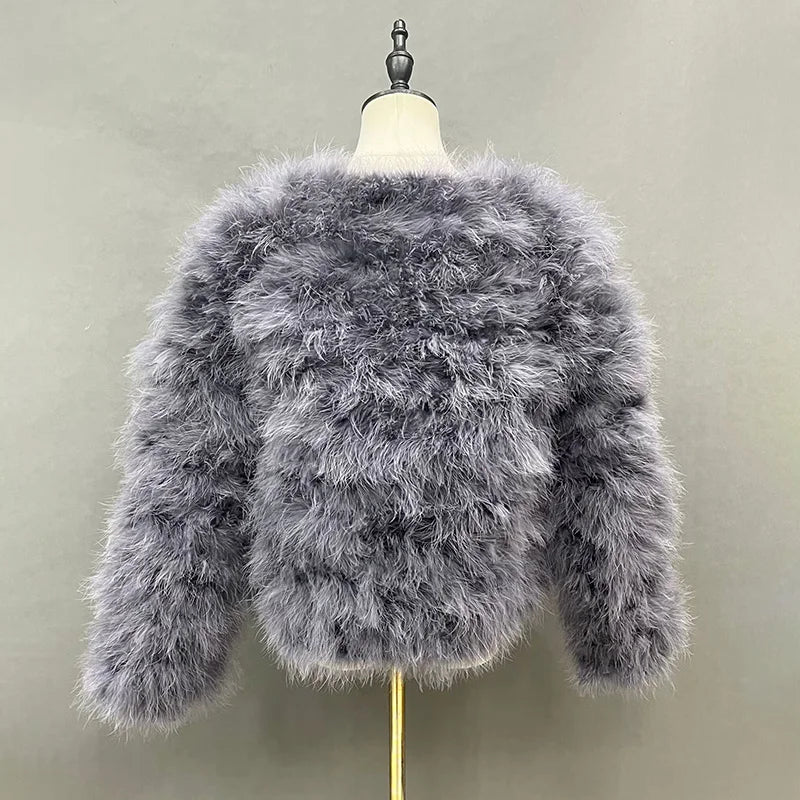 Real Ostrich Fur Feather Coat Short Jacket Furry Fluffy Party Long Sleeve Winter Women Coat Outerwear Plus Size Puffy Turkey Fur