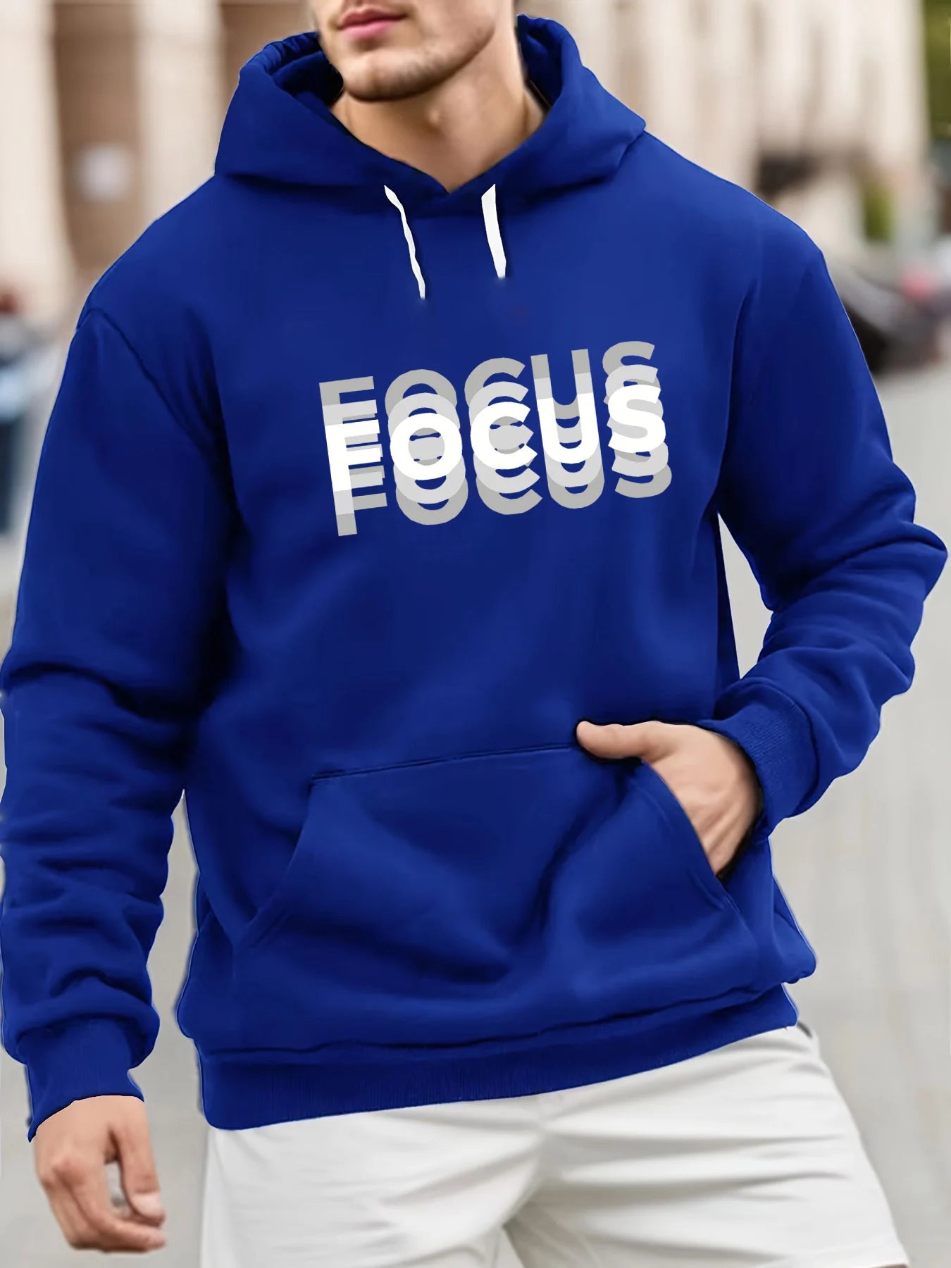 Men's autumn and winter fashionable casual loose oversized FOCUS letter printed fleece pullover hooded long sleeved sweatshirt