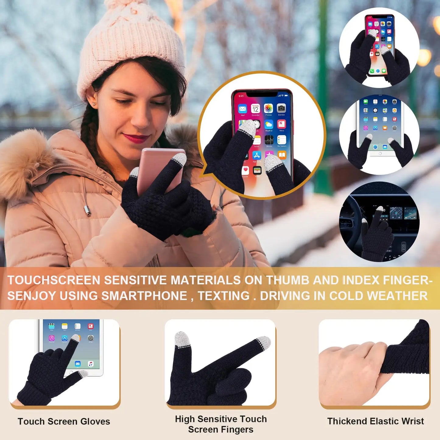 5pcs Knitted Hat and Scarf Set Touch Screen Gloves Gloves Winter Plush Earmuffs Thermal Socks for Skiing Hat Outdoor Sports