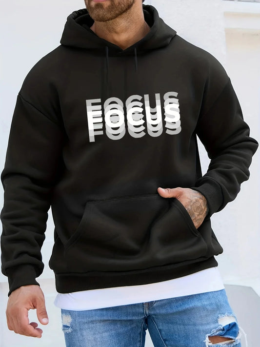 Men's autumn and winter fashionable casual loose oversized FOCUS letter printed fleece pullover hooded long sleeved sweatshirt