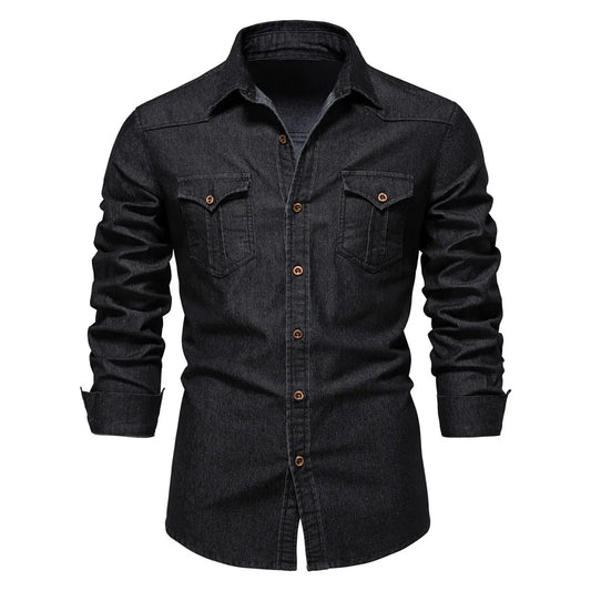 New Autumn 100% Cotton Denim Shirt Men Solid Color Long Sleeve Tops Blouse Elastic Casual Thin Jacket Slim Fit Cowboy Shirts