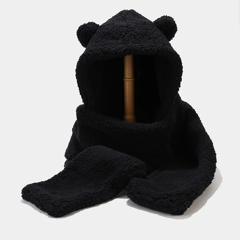 Bear Ears Warm Hat Scarf Sets Women Men Winter Lamb Wool Thick One-Piece Warm Beanies Outdoor Neck Protection Fleece Lining Suit