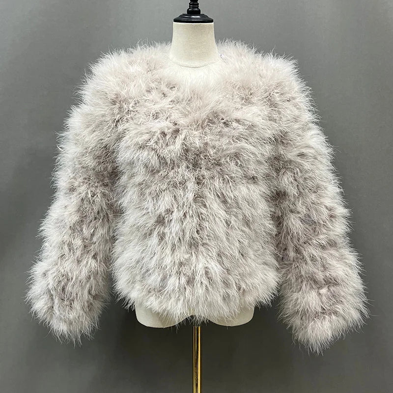 Real Ostrich Fur Feather Coat Short Jacket Furry Fluffy Party Long Sleeve Winter Women Coat Outerwear Plus Size Puffy Turkey Fur