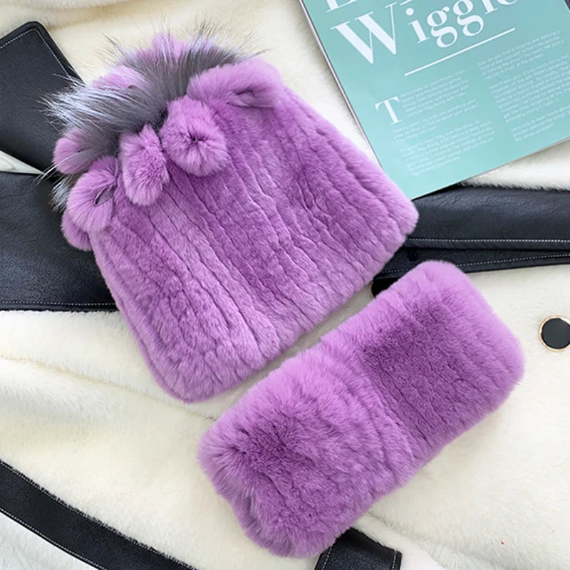 Fashion Lady Thick Rex Rabbit Fur Hat Winter Knitted 100% Natural Fur Hats Scarves Sets Women Warm Real Rex Rabbit Fur Scarves