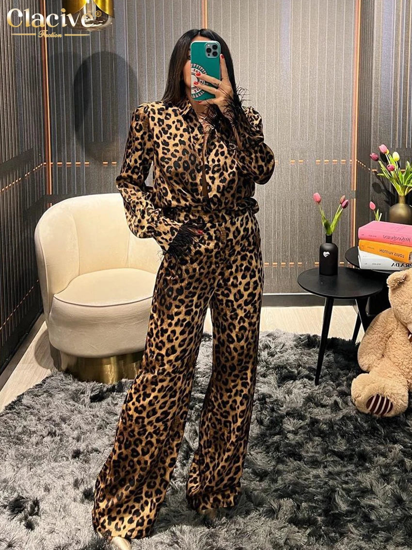 Clacive Sexy Slim Leopard Print Women Two Piece Outfits 2023 Fashion Long Sleeve Shirts With Mid Waits Wide Leg Pants Set Female