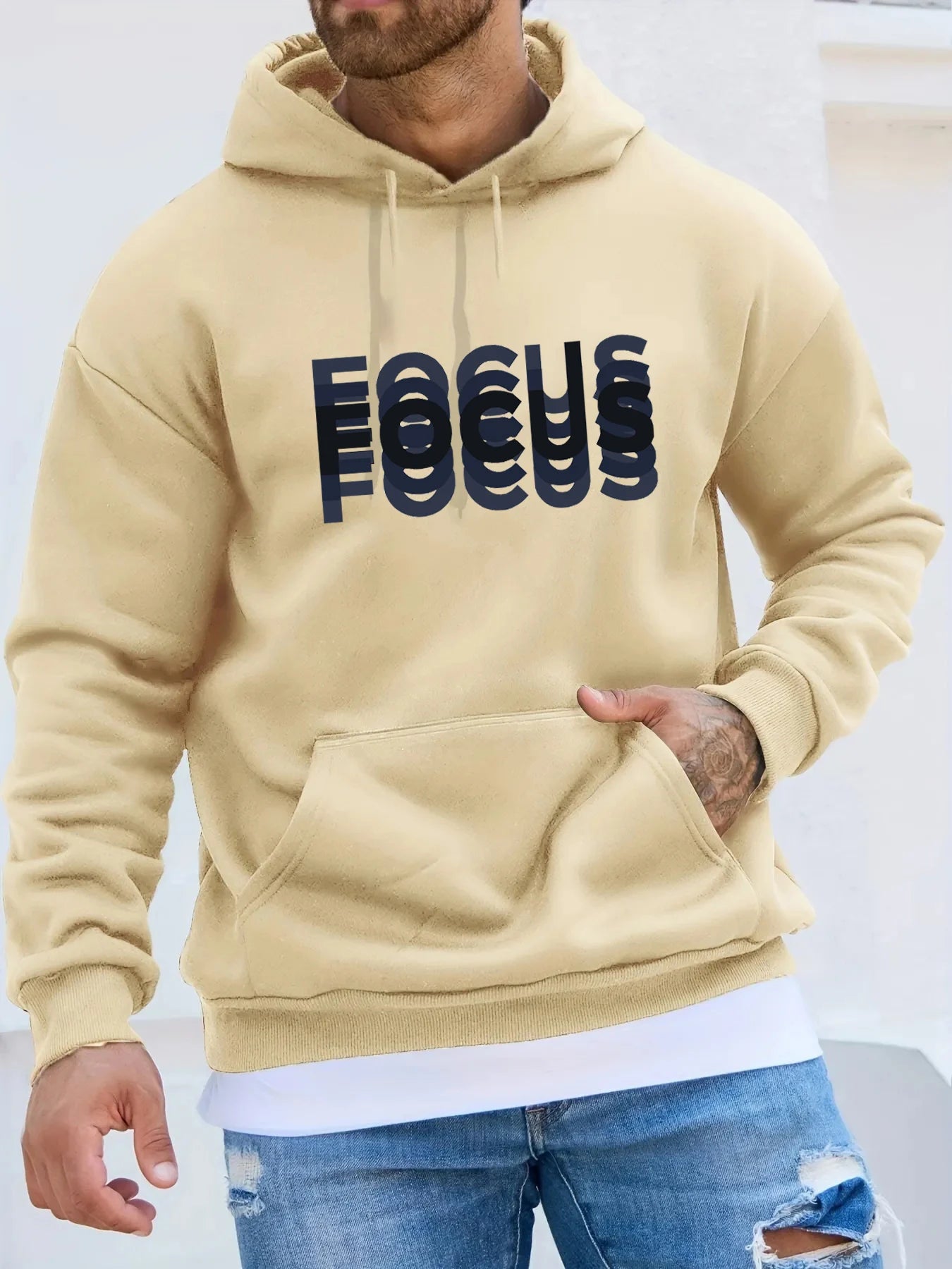 Men's autumn and winter fashionable casual loose oversized FOCUS letter printed fleece pullover hooded long sleeved sweatshirt