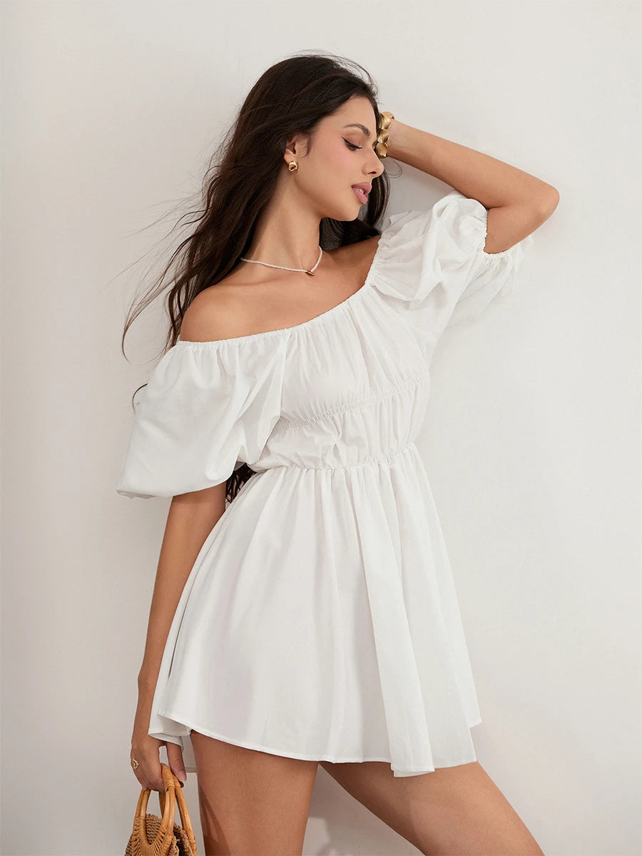 Women Casual Summer Dress Fashion Sexy Solid Color Elegant Short Puff Sleeve Off-shoulder Tunic Dress Brown/White