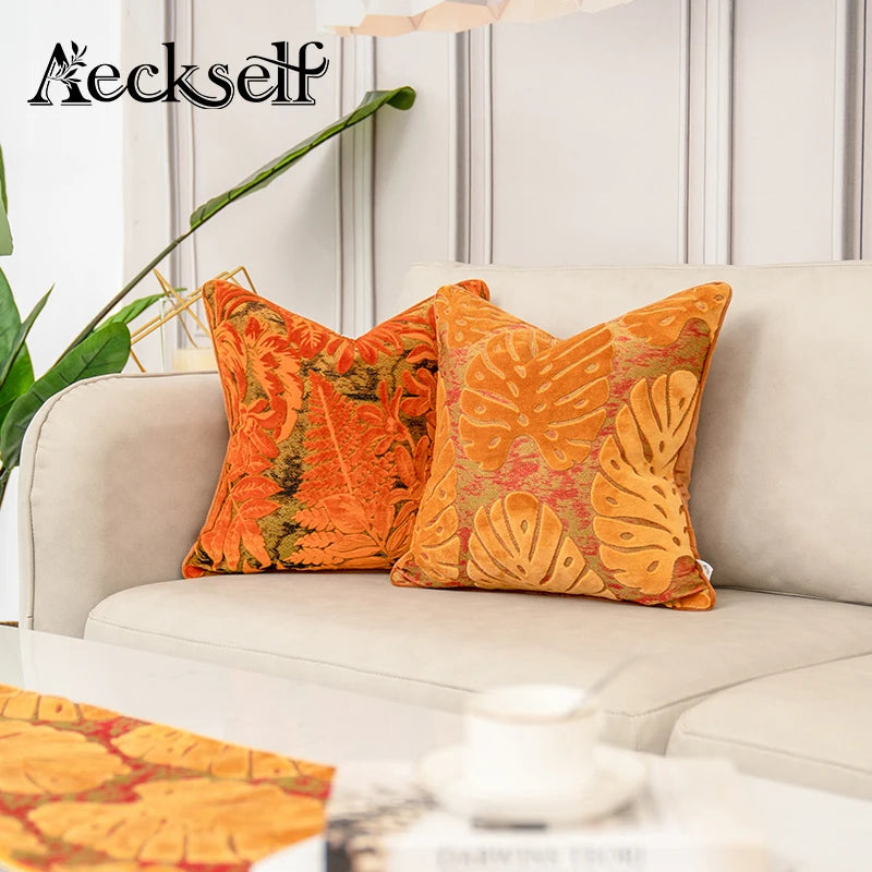 Aeckself Luxury Flowers Leaves Pattern Cut Velvet Cushion Cover Home Decor Orange Throw Pillow Case Pillowcase for Couch Bedroom