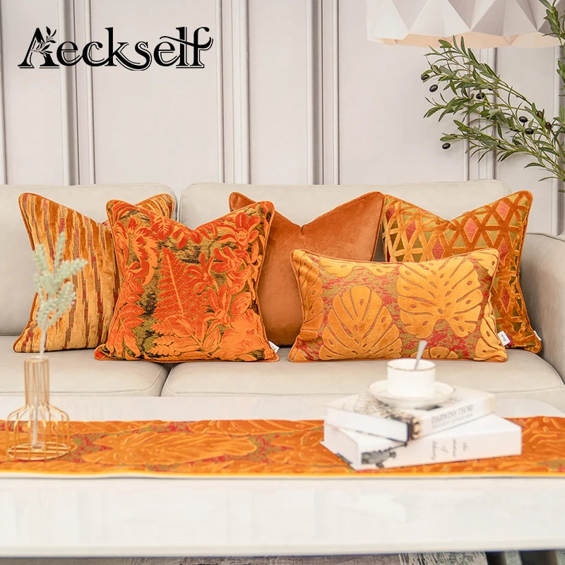 Aeckself Luxury Flowers Leaves Pattern Cut Velvet Cushion Cover Home Decor Orange Throw Pillow Case Pillowcase for Couch Bedroom