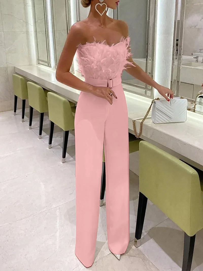 Jumpsuit for Women Fashion Solid Long Jumpsuit Sexy Feather Strapless Slash Neck Evening  Party Jumpsuits Elegant Lady Jumpsuit