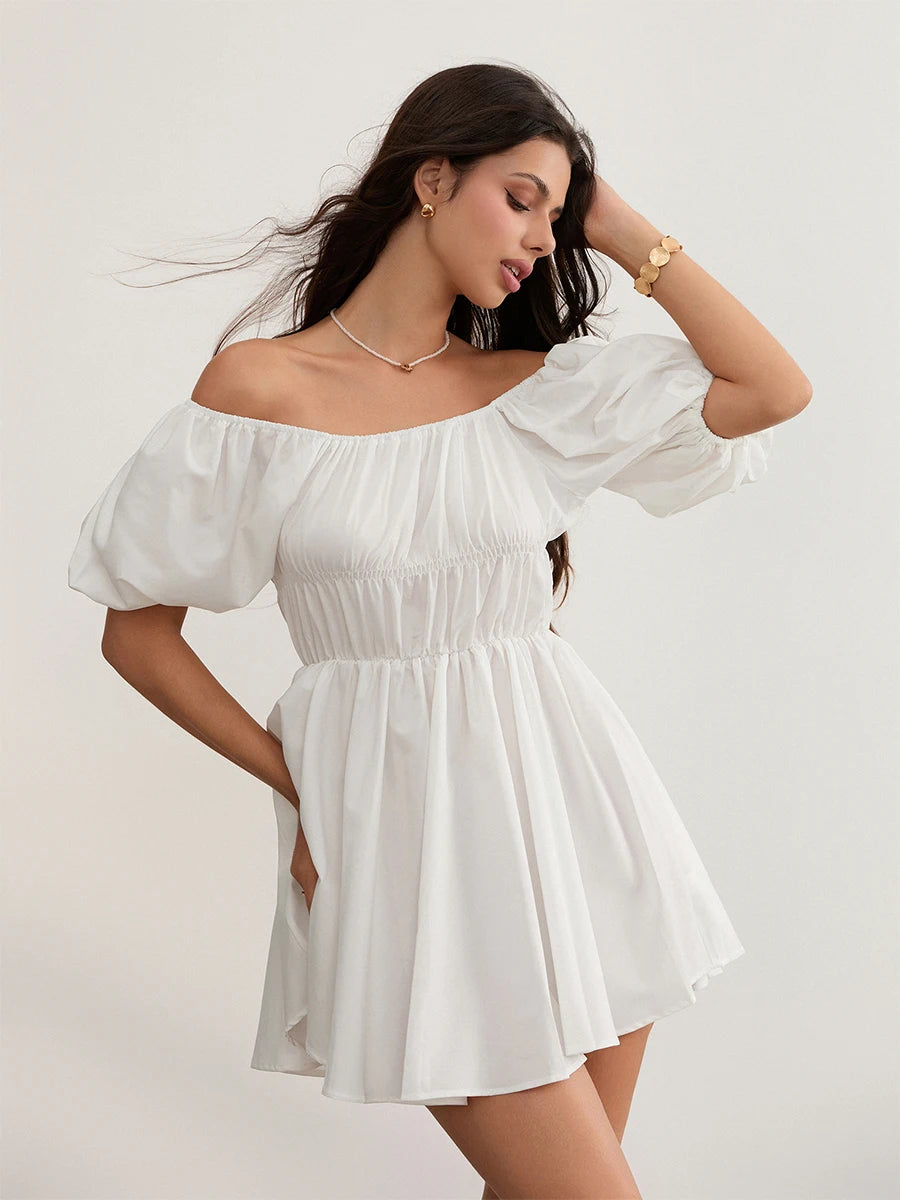 Women Casual Summer Dress Fashion Sexy Solid Color Elegant Short Puff Sleeve Off-shoulder Tunic Dress Brown/White