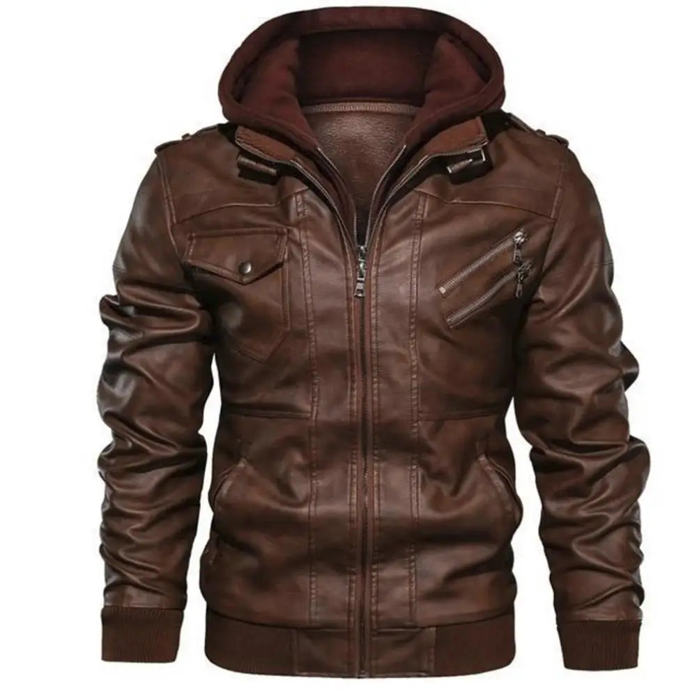 2024 Autumn and Winter Men's Fashion Zippered Slim-fit PU Leather Multi-color Hooded Jacket Coat in Europe and America.