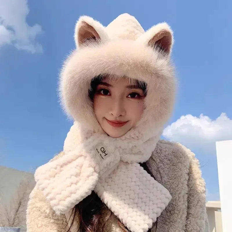 Fox Ear Hat Women's2024New Cute Plush Autumn and Winter Versatile Fashion Scarf One-Piece Hat