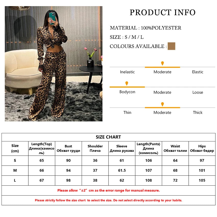 Clacive Sexy Slim Leopard Print Women Two Piece Outfits 2023 Fashion Long Sleeve Shirts With Mid Waits Wide Leg Pants Set Female