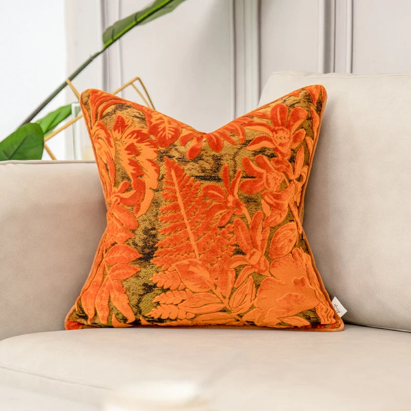 Aeckself Luxury Flowers Leaves Pattern Cut Velvet Cushion Cover Home Decor Orange Throw Pillow Case Pillowcase for Couch Bedroom