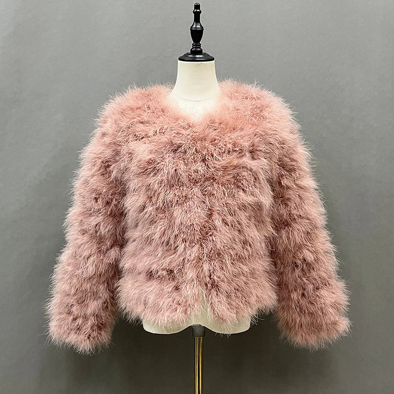 Real Ostrich Fur Feather Coat Short Jacket Furry Fluffy Party Long Sleeve Winter Women Coat Outerwear Plus Size Puffy Turkey Fur