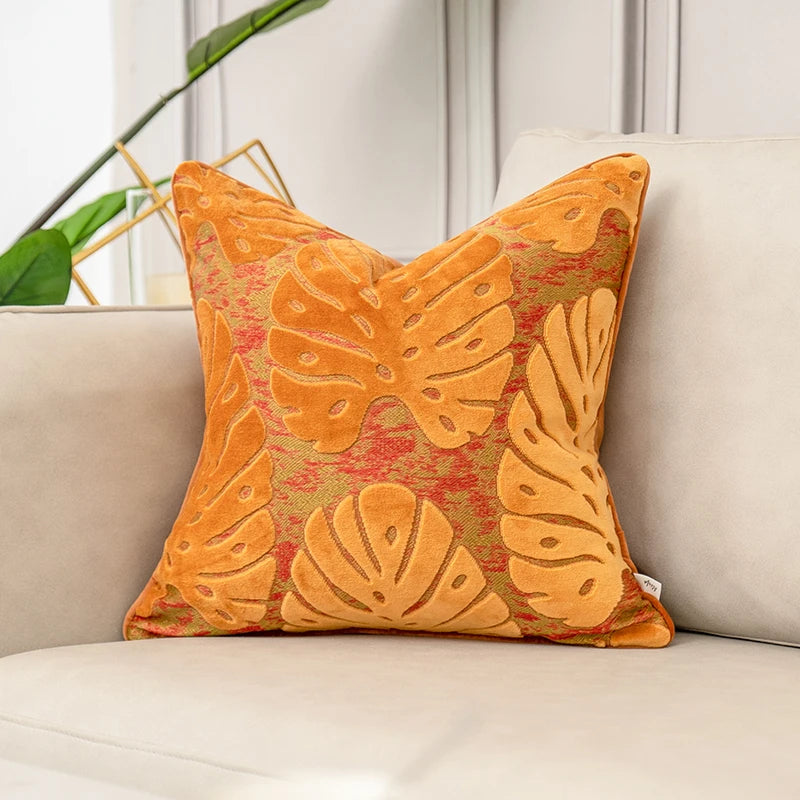 Aeckself Luxury Flowers Leaves Pattern Cut Velvet Cushion Cover Home Decor Orange Throw Pillow Case Pillowcase for Couch Bedroom