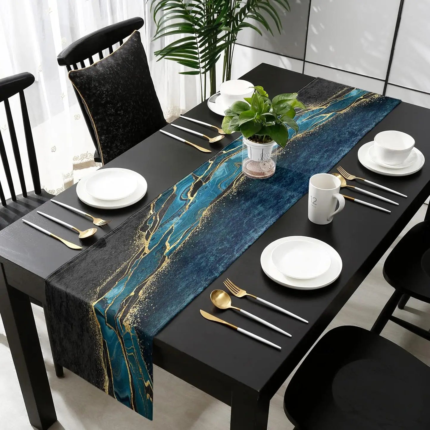 Marble Peacock Blue Linen Table Runners Modern Minimalist Black Gold Table Runner Holiday Dresser Scarves Dining Table Decor