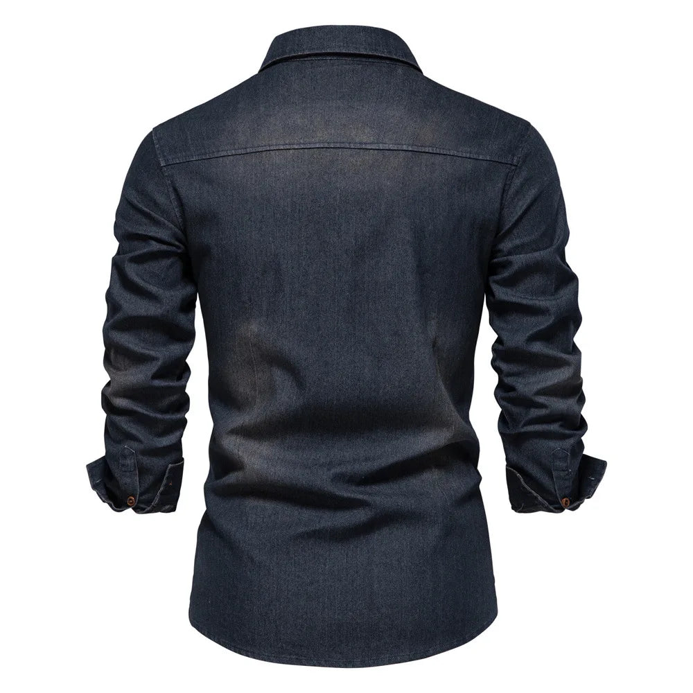 New Autumn 100% Cotton Denim Shirt Men Solid Color Long Sleeve Tops Blouse Elastic Casual Thin Jacket Slim Fit Cowboy Shirts