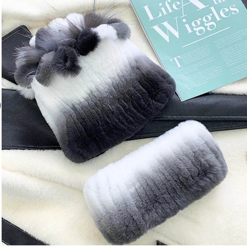 Fashion Lady Thick Rex Rabbit Fur Hat Winter Knitted 100% Natural Fur Hats Scarves Sets Women Warm Real Rex Rabbit Fur Scarves