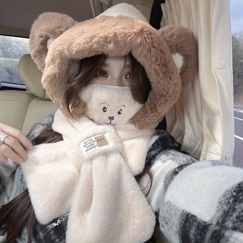 2pcs Glove Sets Cute Bear Hat Scarf + Mask 2pcs Sets Hats for Women Winter Earmuffs Lei Feng Hat Plush Cycling Warm Ski Hat