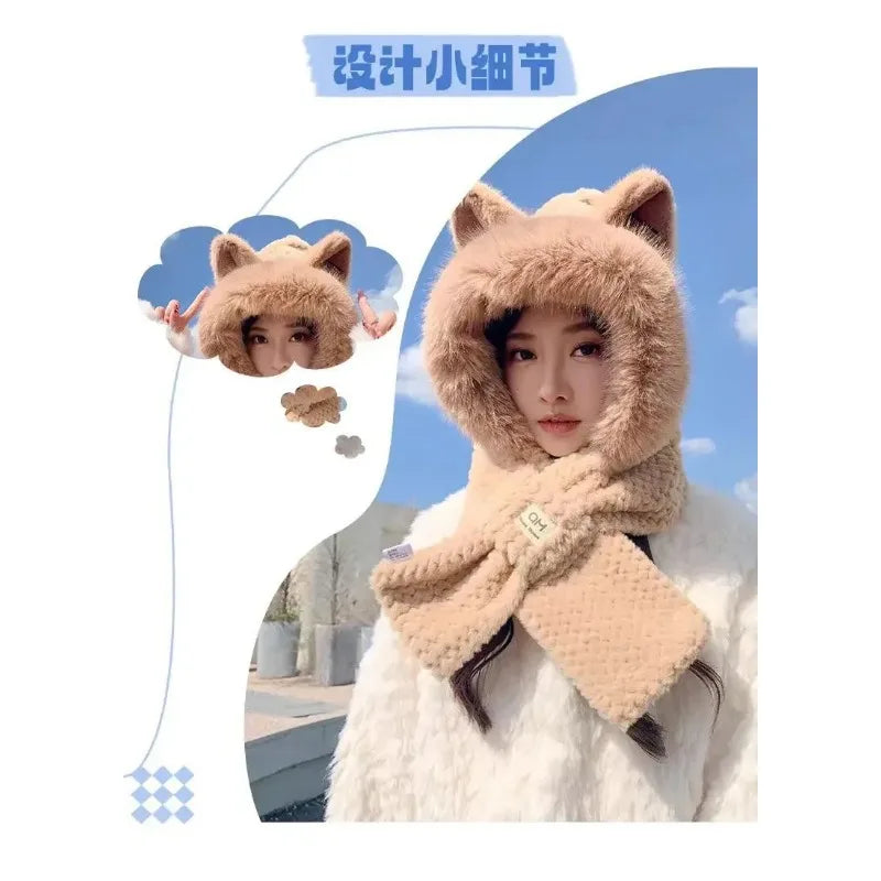 Fox Ear Hat Women's2024New Cute Plush Autumn and Winter Versatile Fashion Scarf One-Piece Hat