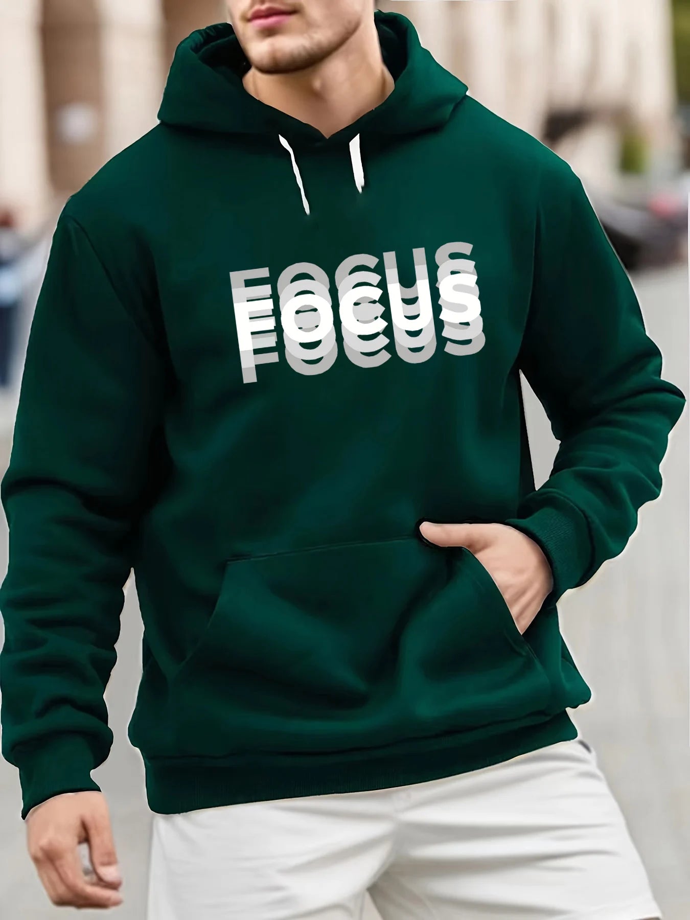 Men's autumn and winter fashionable casual loose oversized FOCUS letter printed fleece pullover hooded long sleeved sweatshirt