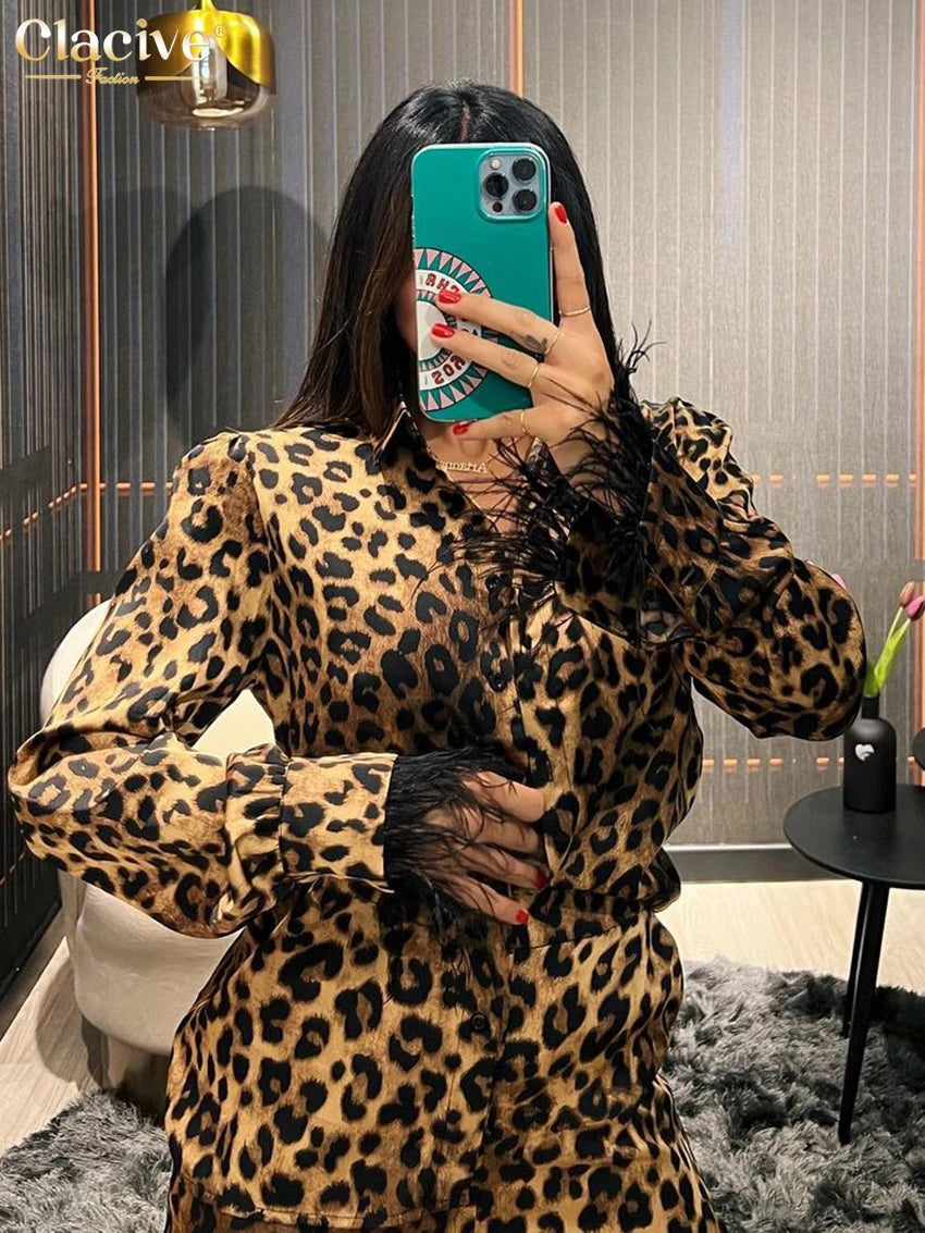 Clacive Sexy Slim Leopard Print Women Two Piece Outfits 2023 Fashion Long Sleeve Shirts With Mid Waits Wide Leg Pants Set Female