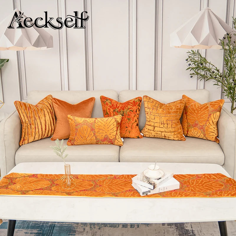 Aeckself Luxury Flowers Leaves Pattern Cut Velvet Cushion Cover Home Decor Orange Throw Pillow Case Pillowcase for Couch Bedroom