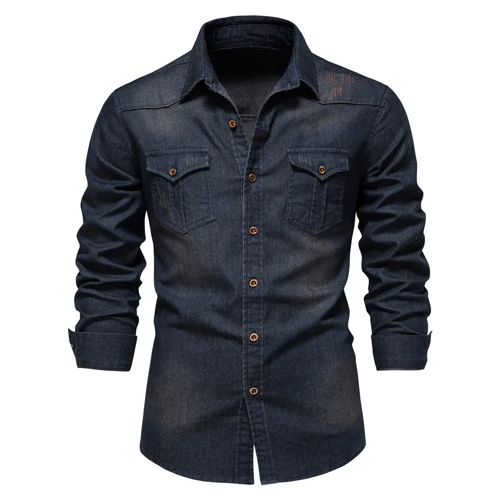 New Autumn 100% Cotton Denim Shirt Men Solid Color Long Sleeve Tops Blouse Elastic Casual Thin Jacket Slim Fit Cowboy Shirts