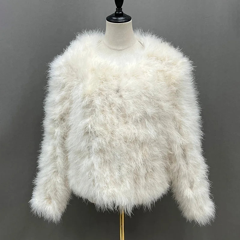 Real Ostrich Fur Feather Coat Short Jacket Furry Fluffy Party Long Sleeve Winter Women Coat Outerwear Plus Size Puffy Turkey Fur