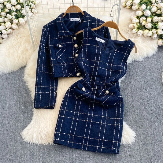 Early Autumn Y2K High-quality Cotton Two-piece Set for Women's Small Fragrant Style Jacket Waist Cinching Vest Hip Hugging Dress