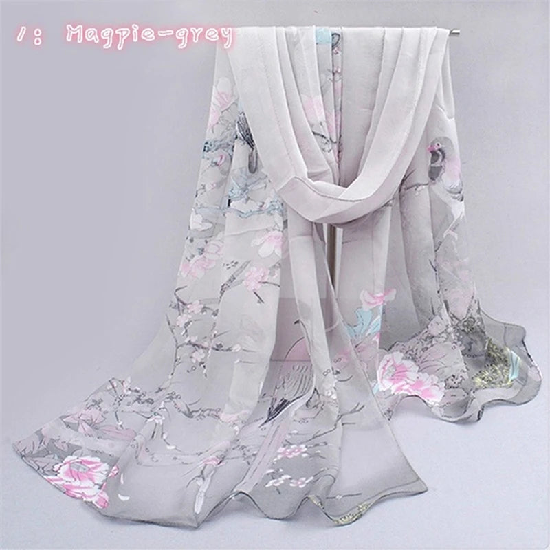 Women Chiffon Scarf Fashion Leisure Butterflies Branch Pattern Long Shawl Versatile Elegant Minimalist Retro Female Scarves