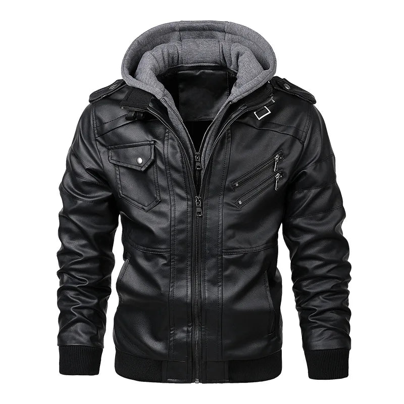 2024 Autumn and Winter Men's Fashion Zippered Slim-fit PU Leather Multi-color Hooded Jacket Coat in Europe and America.