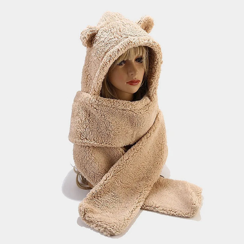 Bear Ears Warm Hat Scarf Sets Women Men Winter Lamb Wool Thick One-Piece Warm Beanies Outdoor Neck Protection Fleece Lining Suit