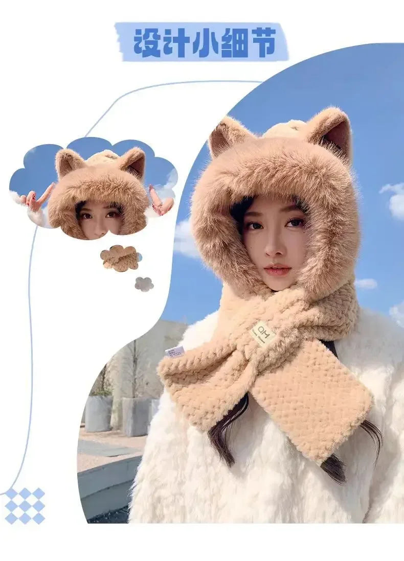 Fox Ear Hat Women's2024New Cute Plush Autumn and Winter Versatile Fashion Scarf One-Piece Hat