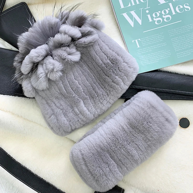 Fashion Lady Thick Rex Rabbit Fur Hat Winter Knitted 100% Natural Fur Hats Scarves Sets Women Warm Real Rex Rabbit Fur Scarves