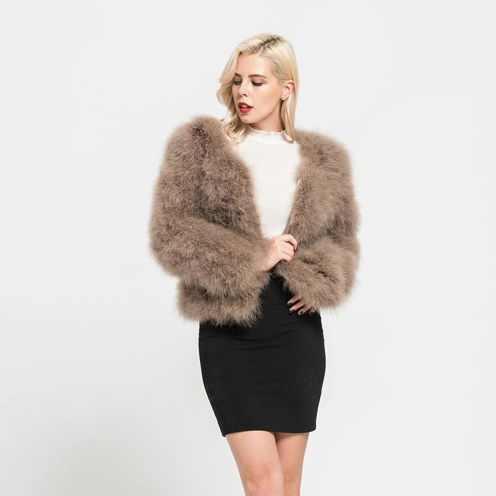 Real Ostrich Fur Feather Coat Short Jacket Furry Fluffy Party Long Sleeve Winter Women Coat Outerwear Plus Size Puffy Turkey Fur