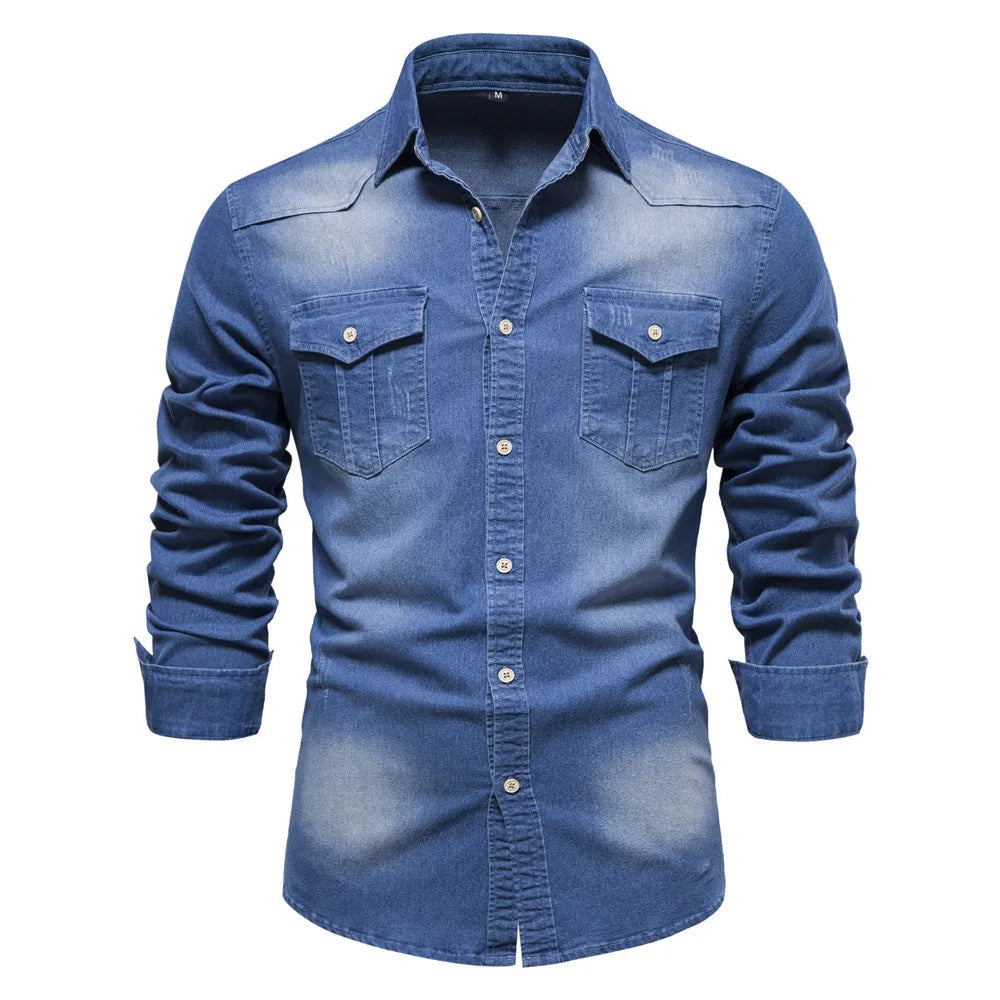 New Autumn 100% Cotton Denim Shirt Men Solid Color Long Sleeve Tops Blouse Elastic Casual Thin Jacket Slim Fit Cowboy Shirts