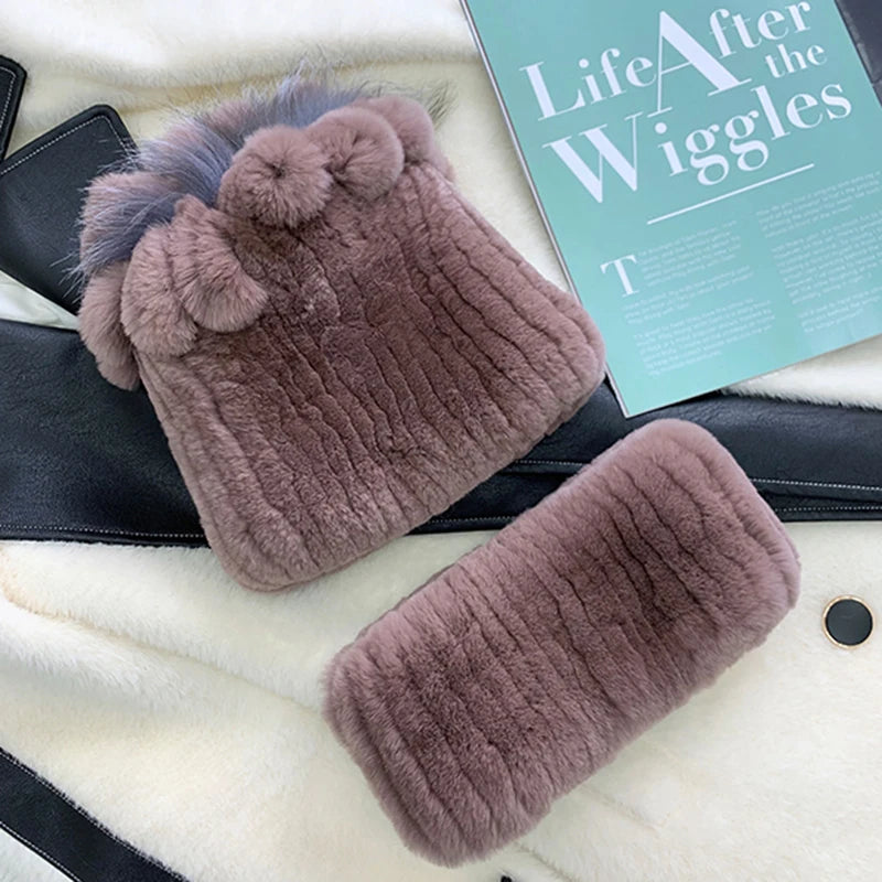 Fashion Lady Thick Rex Rabbit Fur Hat Winter Knitted 100% Natural Fur Hats Scarves Sets Women Warm Real Rex Rabbit Fur Scarves