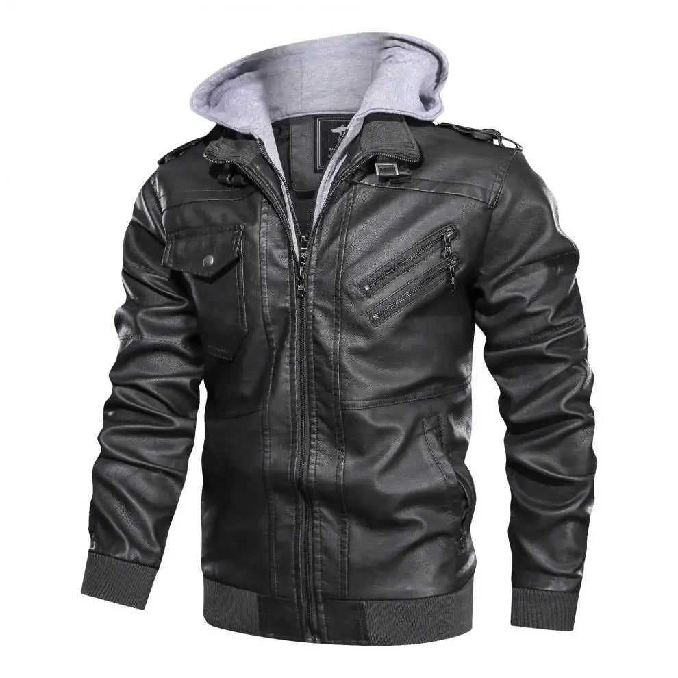 2024 Autumn and Winter Men's Fashion Zippered Slim-fit PU Leather Multi-color Hooded Jacket Coat in Europe and America.