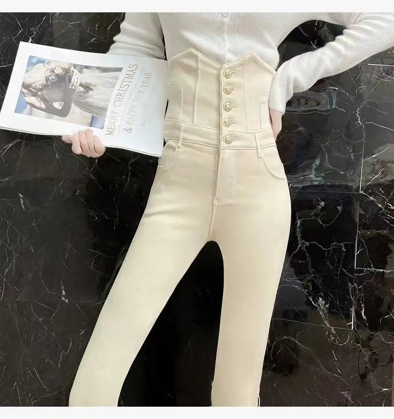 Beige Super High Waist Pencil Jeans Women Korean Slim Button Fly Stretch Denim Pants Design Legging Vaqueros Skinny Kot Pantolon