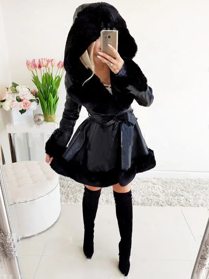 Imitation Rabbit Skin Coat With hat Women Winter Jacket Plus Size Lace-UP Waist Warm Long Jacket  High Quality Female Plush Coat