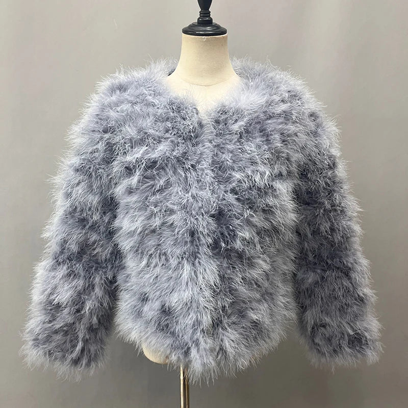 Real Ostrich Fur Feather Coat Short Jacket Furry Fluffy Party Long Sleeve Winter Women Coat Outerwear Plus Size Puffy Turkey Fur